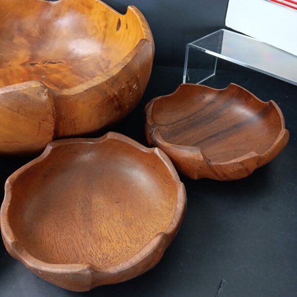 Vintage Monkey Pod Philippines Wood Salad Bowl Set ~ 5 Piece Flower Shaped - Picture 3 of 13